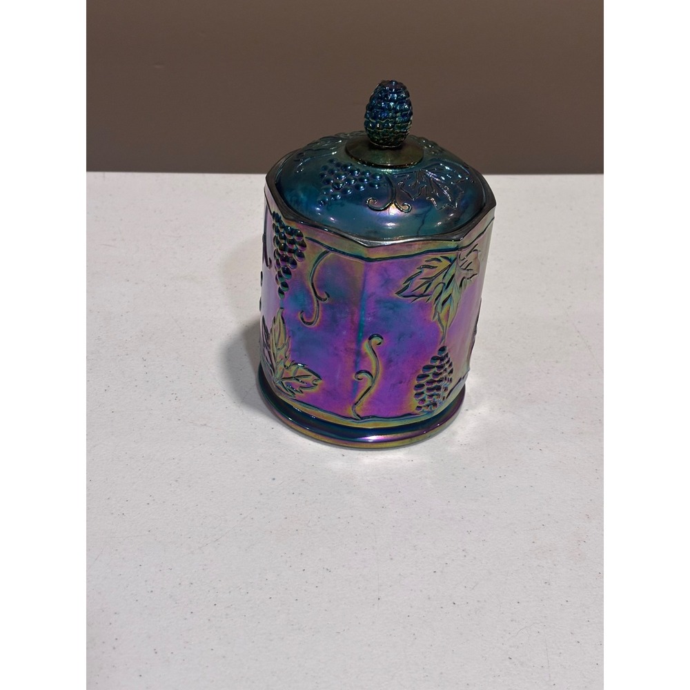 Vintage Carnival Glass Canister "Harvest Grape" Iridescent Blue Purple
